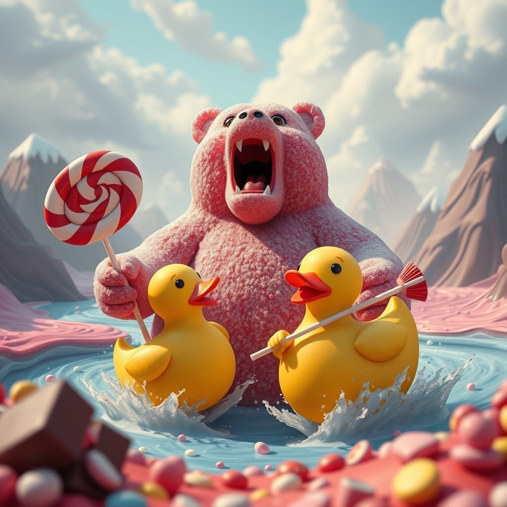 Gummy Bear Battles Rubber Duck in Whimsical Candy Landscape