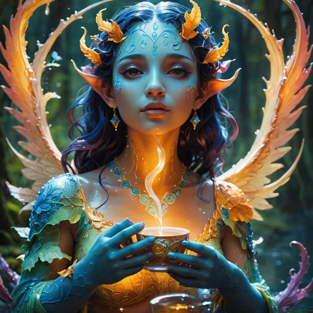 Serenely Drunk Water Nymph in Vibrant Forest