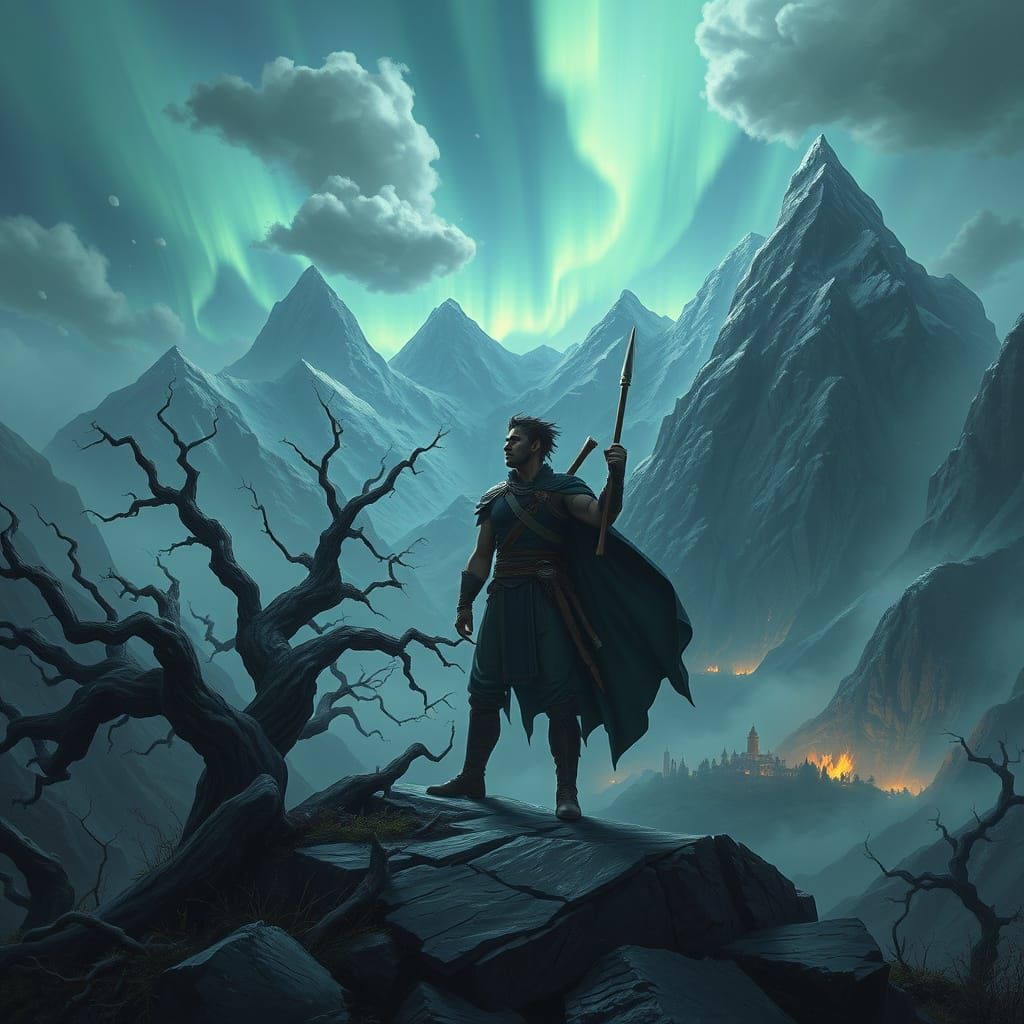 Ethereal Hero Stands Amidst Ancient Mystical Landscape