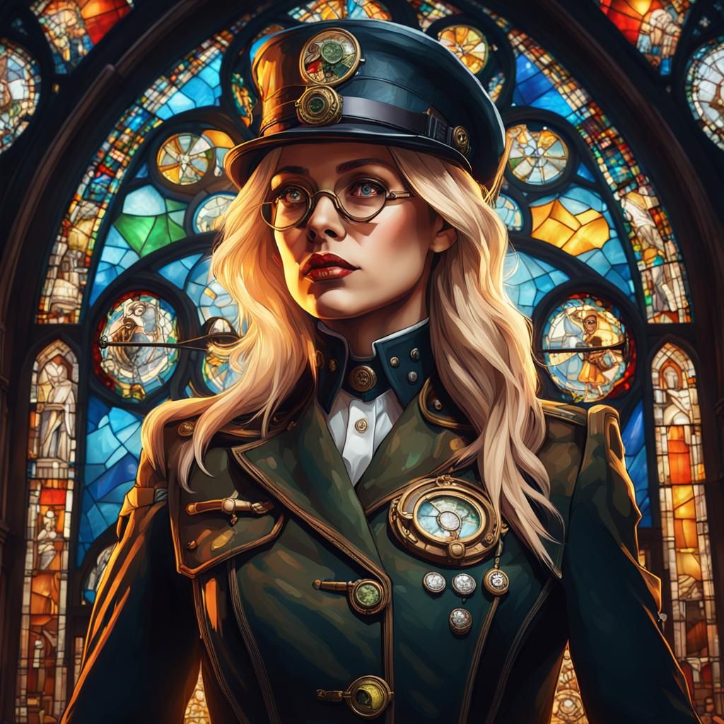 Steampunk Beauty in Gothic Church, Hyperrealistic Portrait