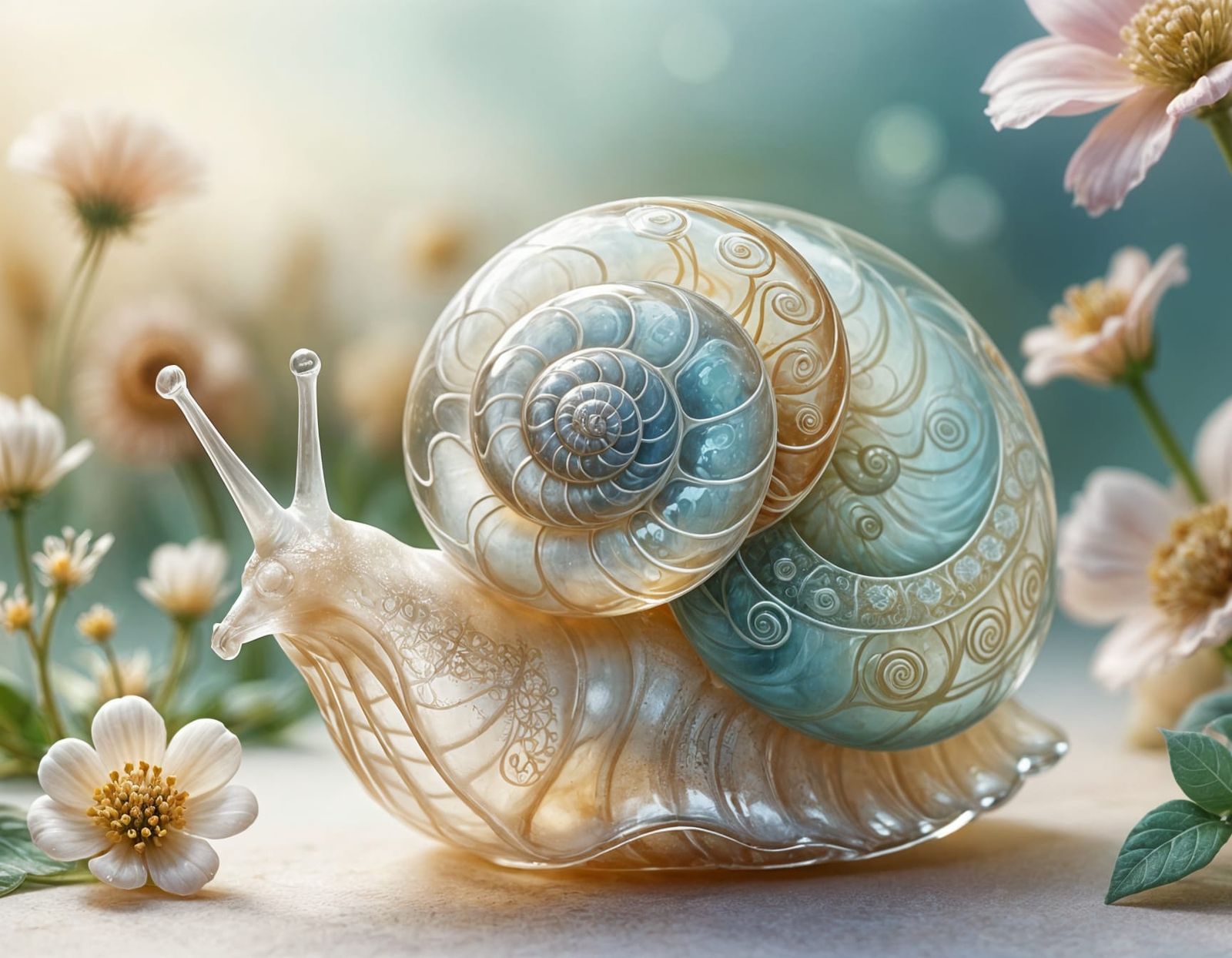 A whimsical transparent glass snail