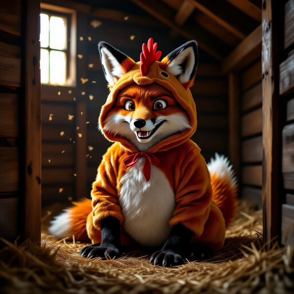 Mischievous Fox in Chicken Costume in Dim Coop