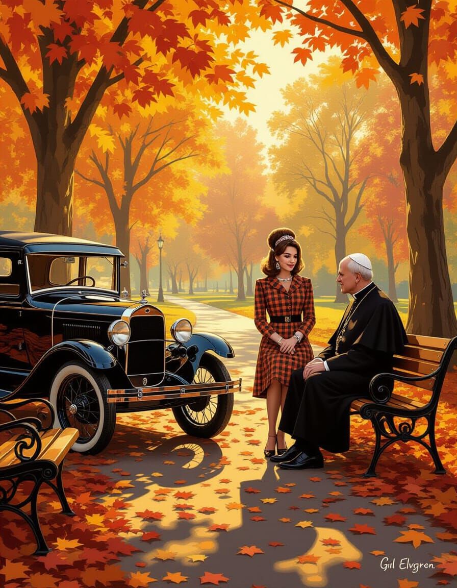 Surreal Autumn Park Scene with Vintage Car and Iconic Figure...