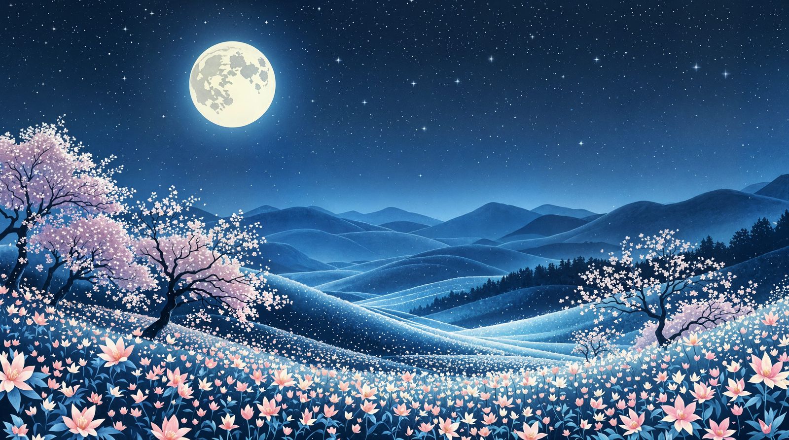 Moonlit Manga-Inspired Ink Art: Serene Blossoming Landscape