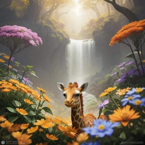 Miniature Giraffe in Floral Fantasy Concept Art