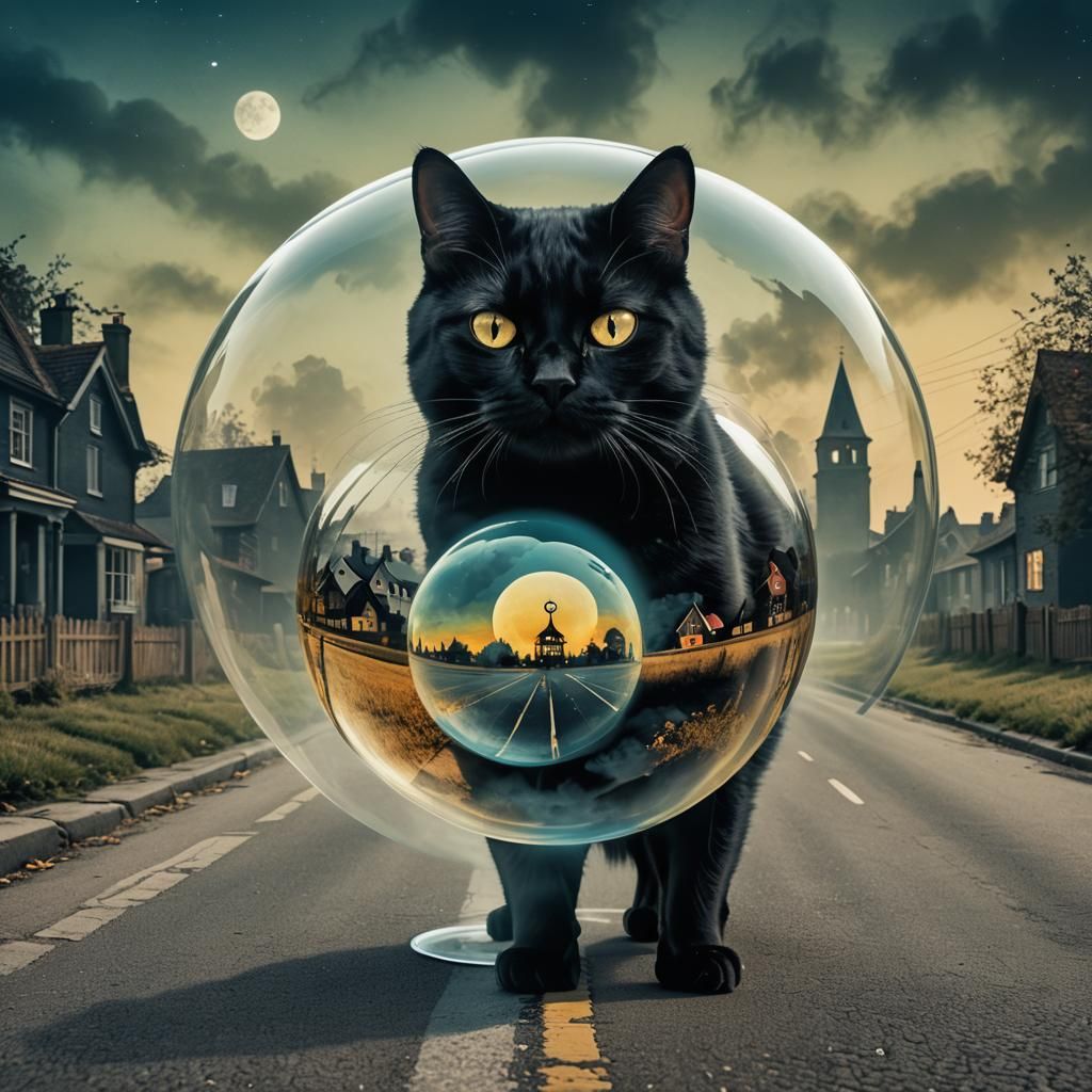 Black Cat in Moonlit Field: Pop Art Landscape