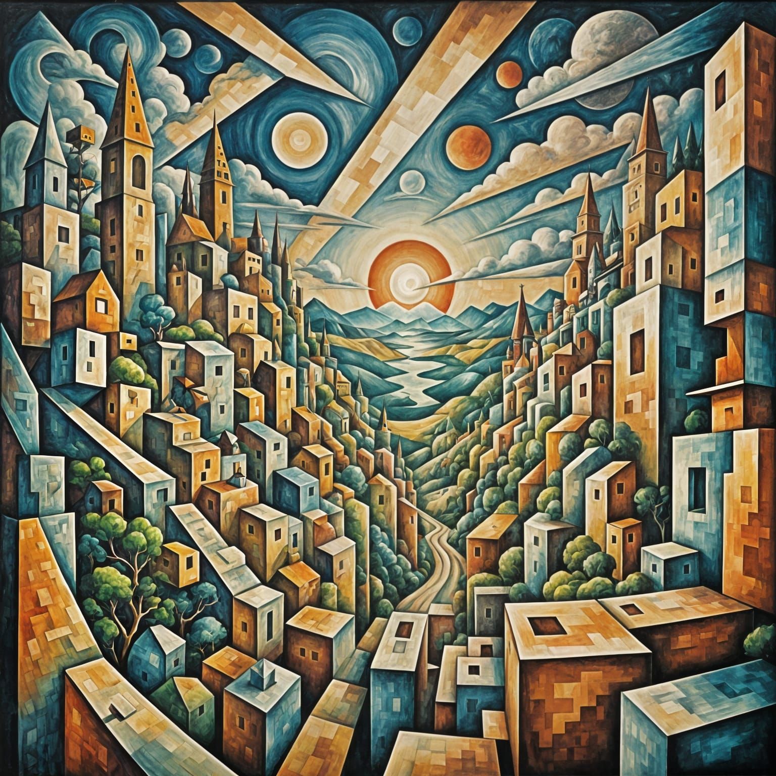 Surreal Cubist Dreamscape in Bold Colors