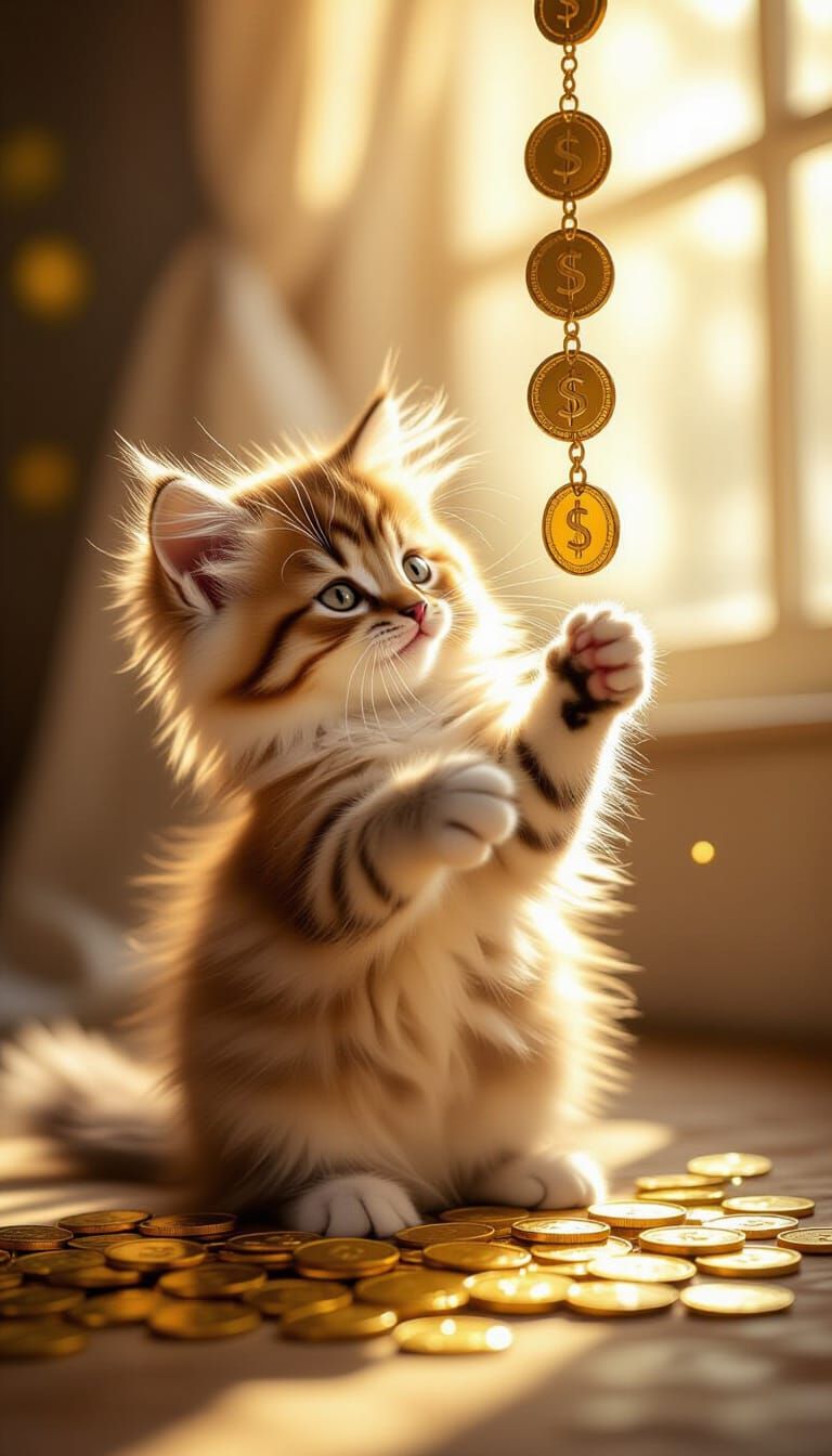 Fluffy Kitten Plays With Gold Coins in Sunlit Room