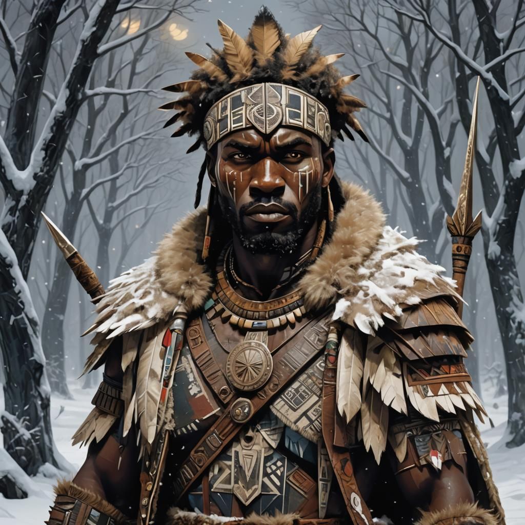 African Warrior in Snowy Forest, Cubism Art Deco Style