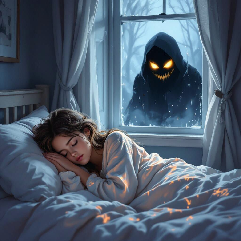 Ominous Shadow Watcher: Suspenseful Bedroom Scene