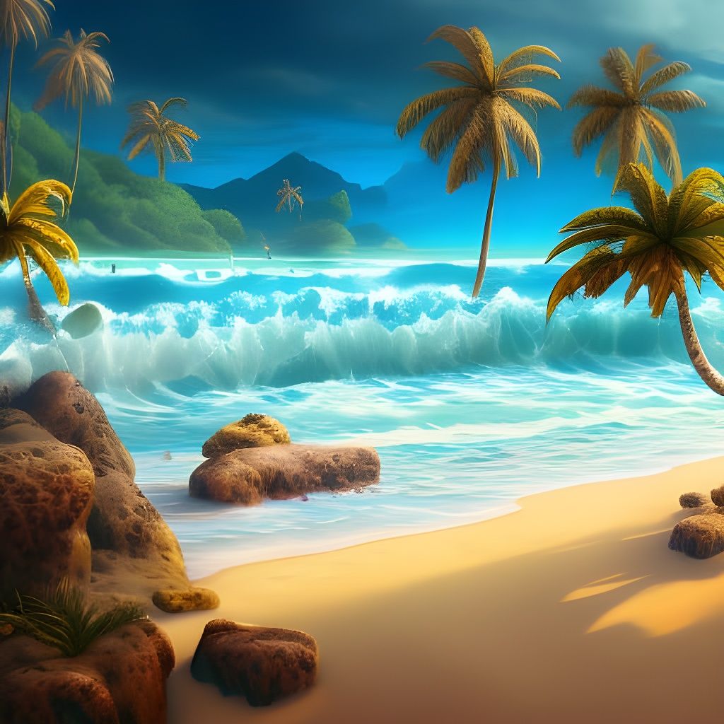 Tropical Beach Waves: Detailed Digital Art