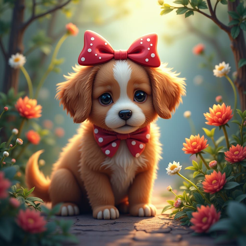 Fantasy Puppy Portrait with Oversized Bow