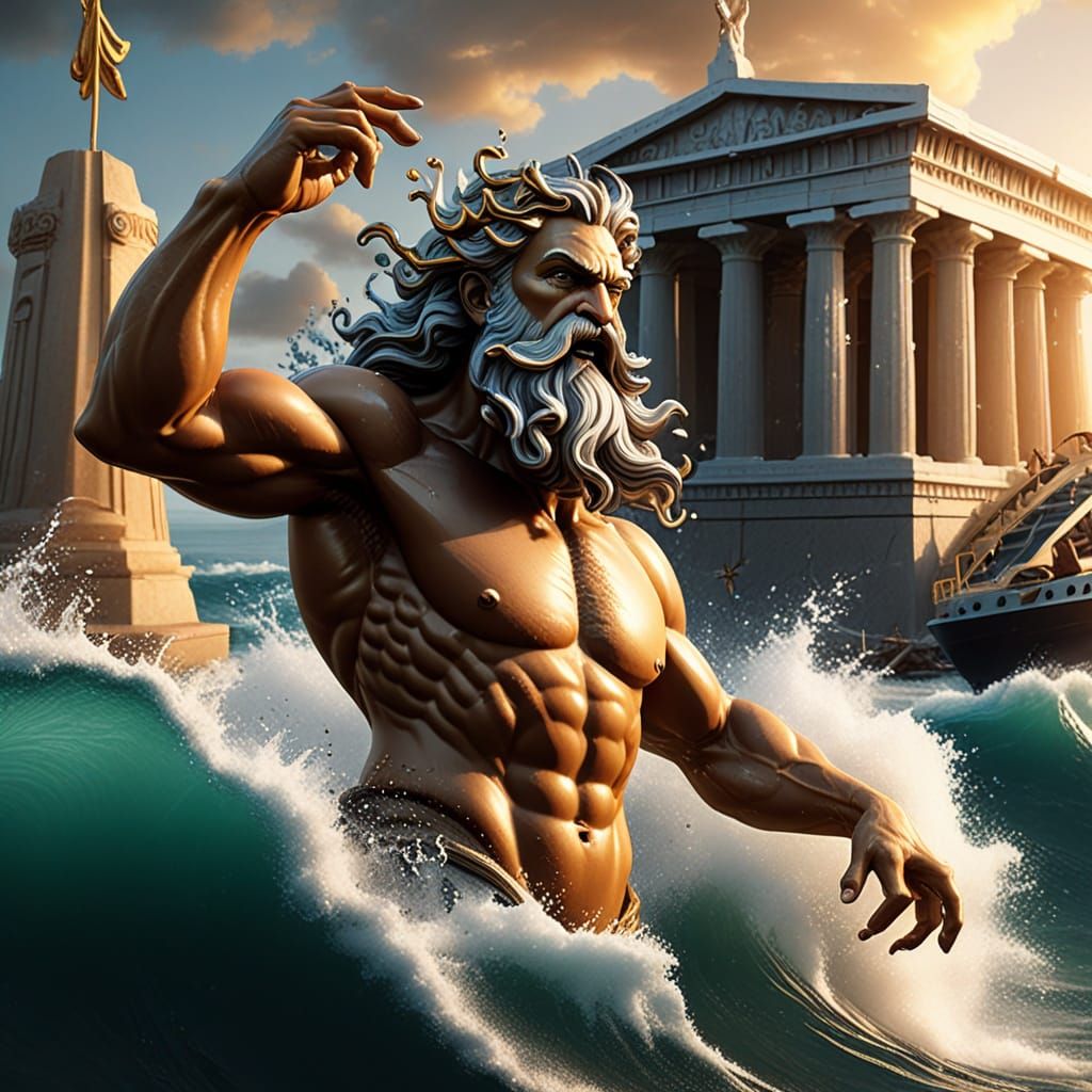 Poseidon with a tri-fork emerging of the sea, angry expressi...