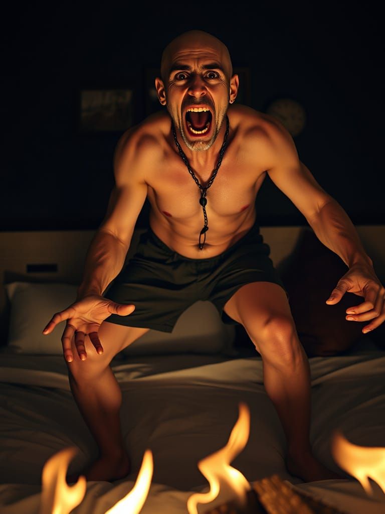 Insane Man Dancing on Burning Bed: Cel-Shaded 3D Render