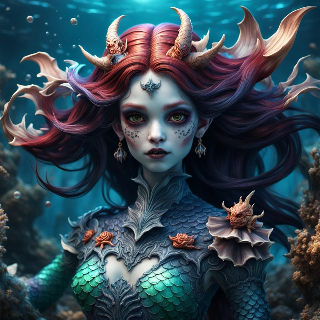 Fantastical Demon Mermaid Porcelain Doll in Detailed Paintin...