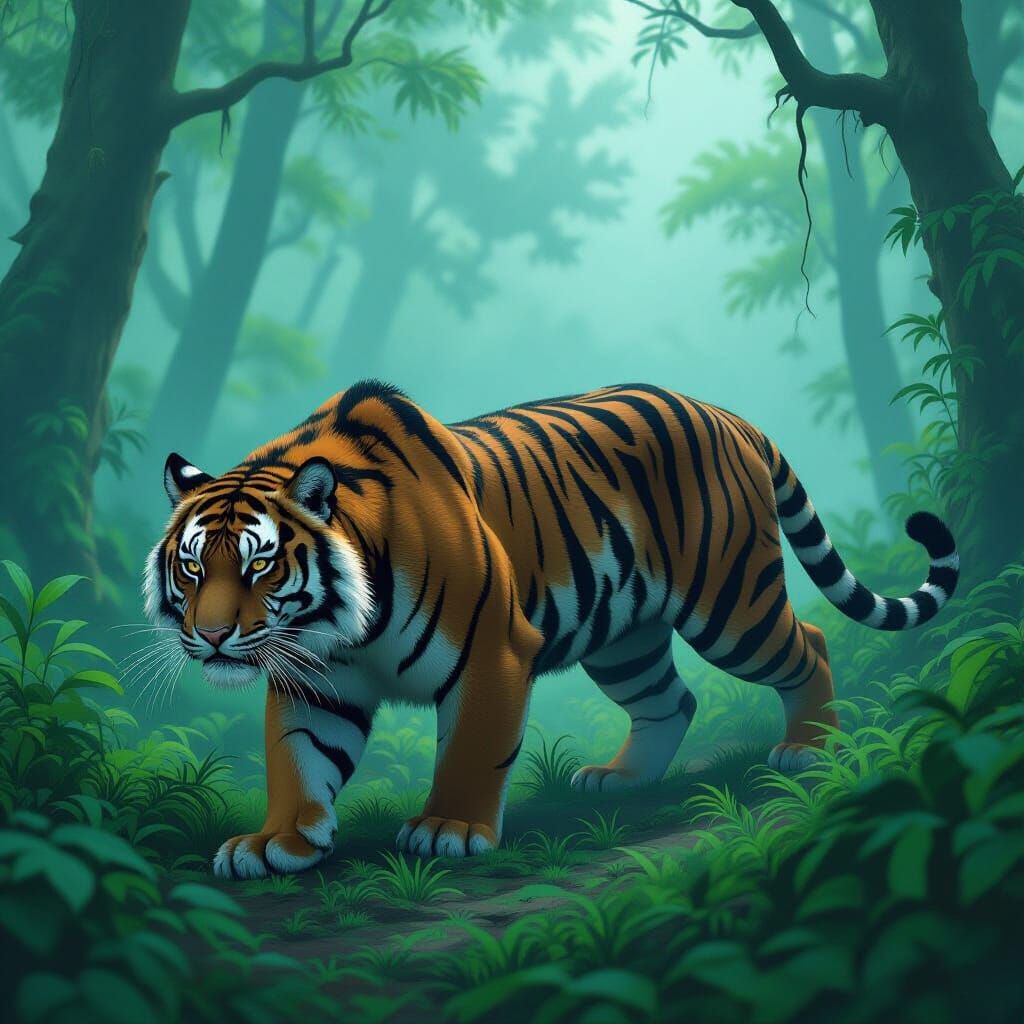 Black Tiger with White Stripes in Misty Forest Art