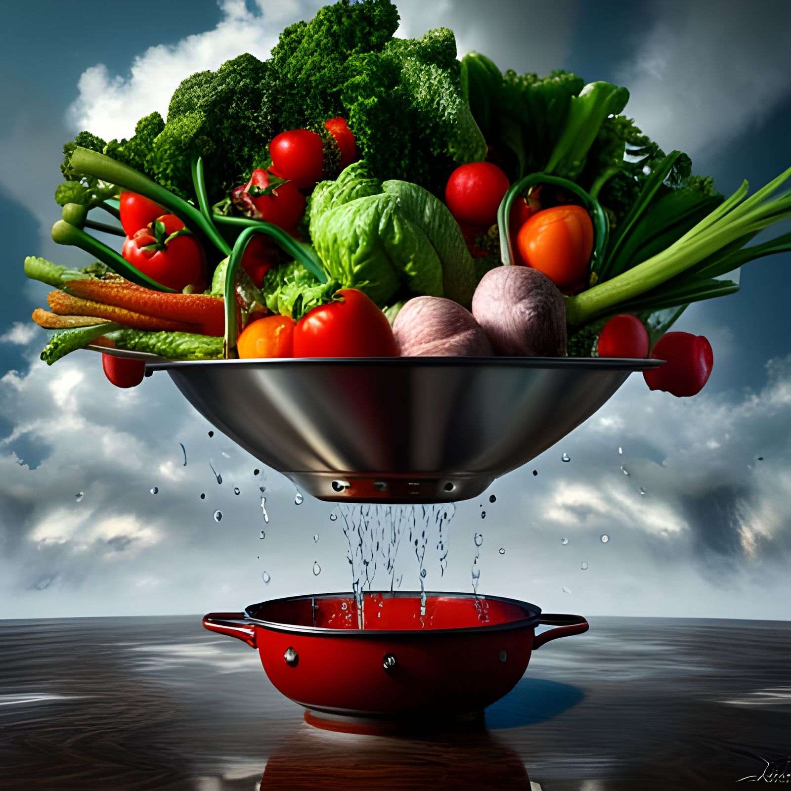 Vegetable Colander Draining Water: Action Camera Shot