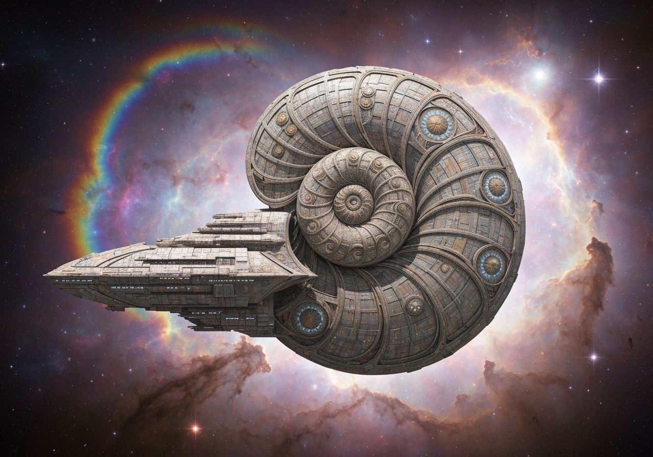 Nautilus Spaceship Drifting Through Nebula in Retro Sci-Fi S...