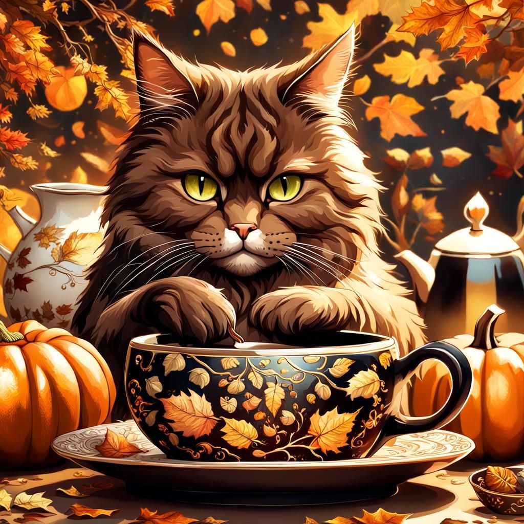 Cute Cat with Tea in Rococo Autumn Setting