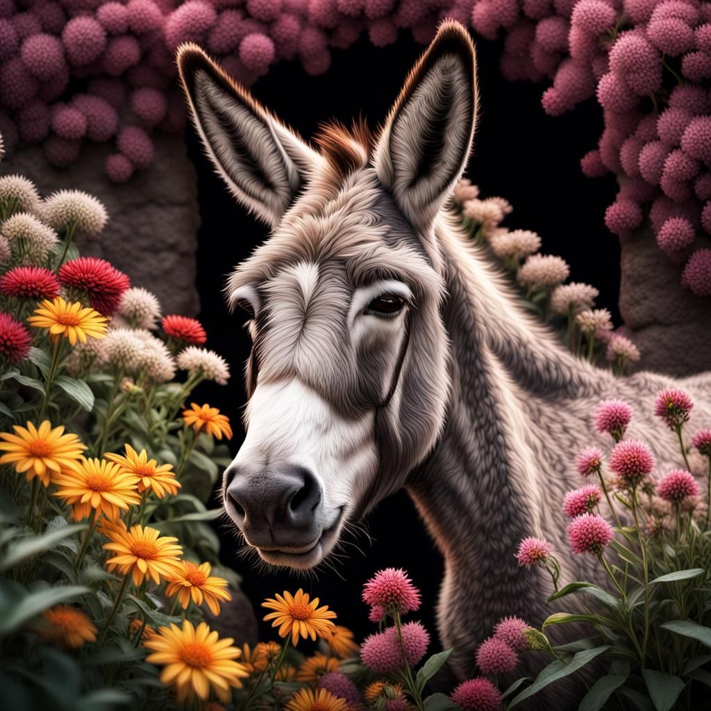 Hyperrealistic Donkey in Flowers, Detailed Composition
