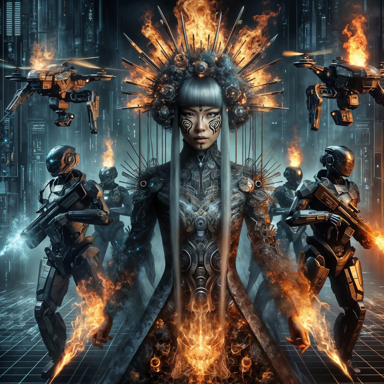 Fiery Woman with Mecha Robot in Cyberpunk Cityscape
