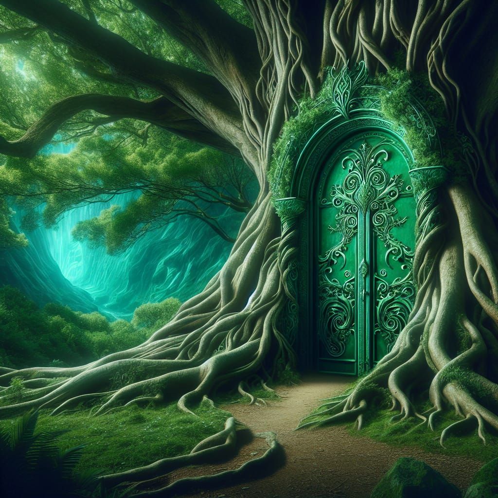 Large tree with a beautiful detailed emerald green door. Vin...
