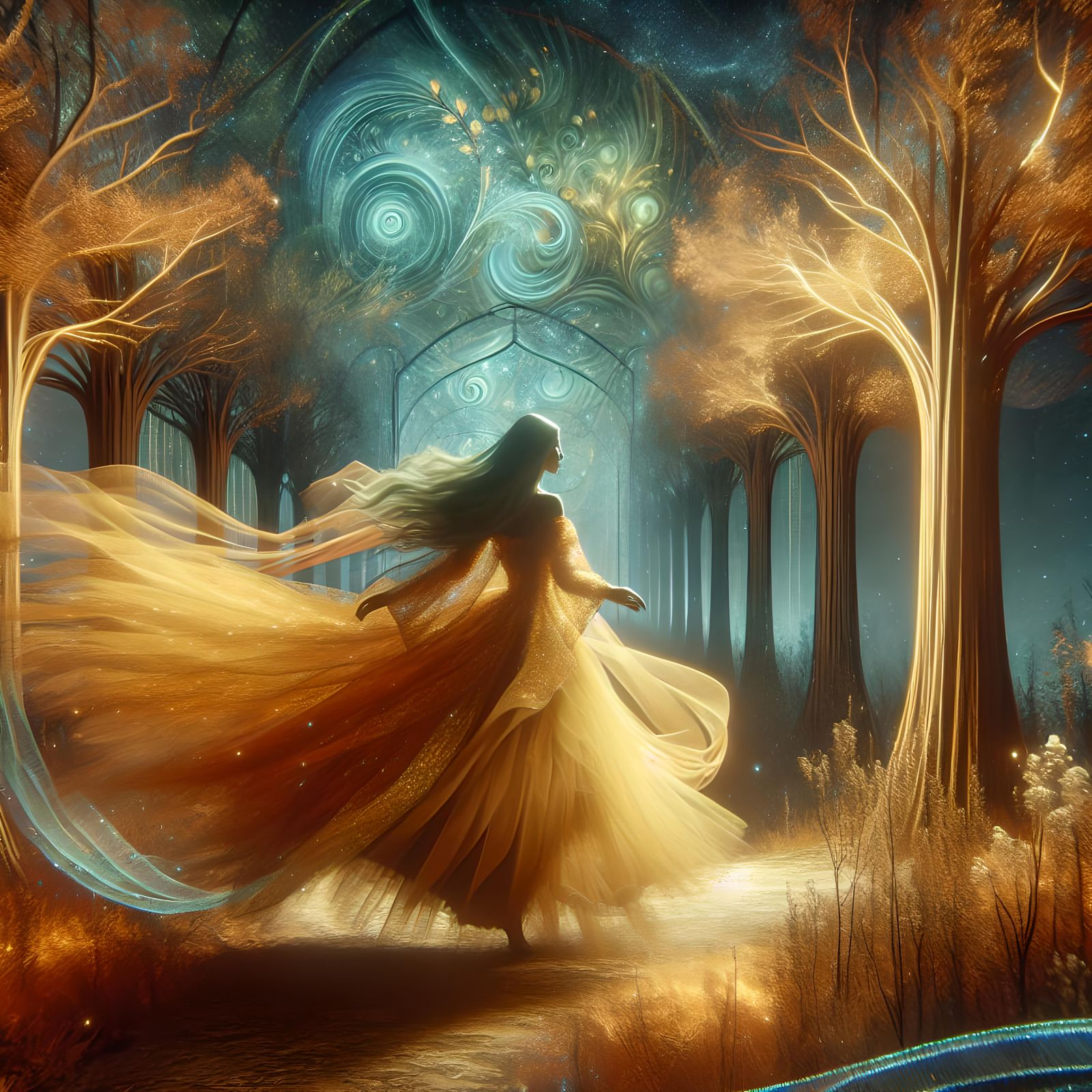 Woman in Golden Dress on Path: Holographic Illustration