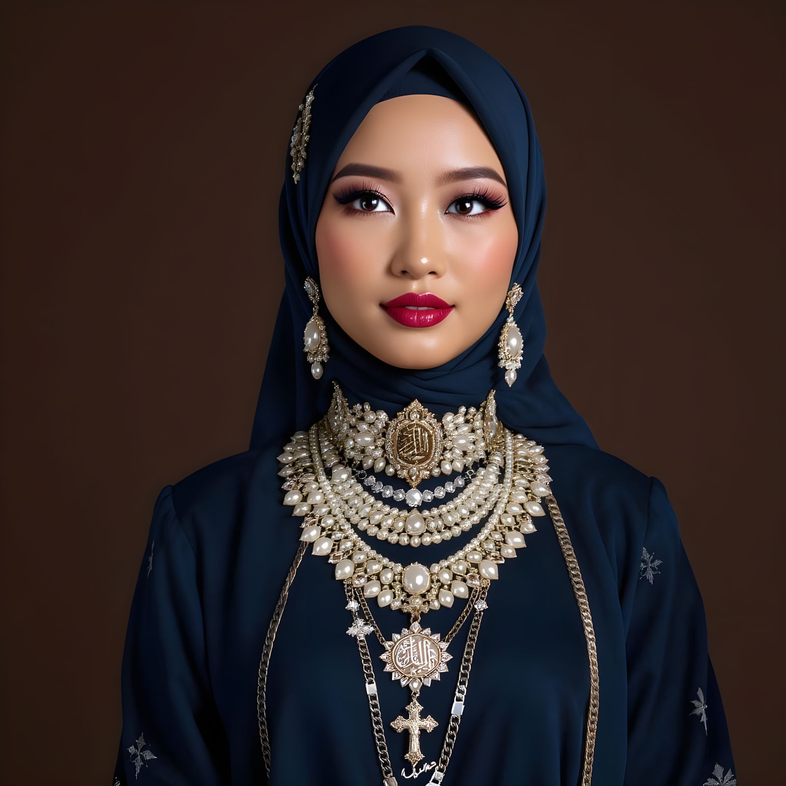 Elegant Hijab with Pearl Choker and Religious Pendants
