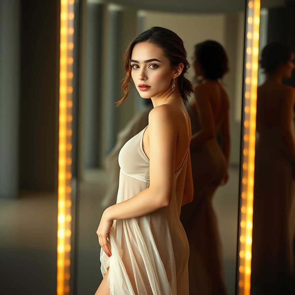Elegant Woman in Diaphanous Gown Suspended in Air
