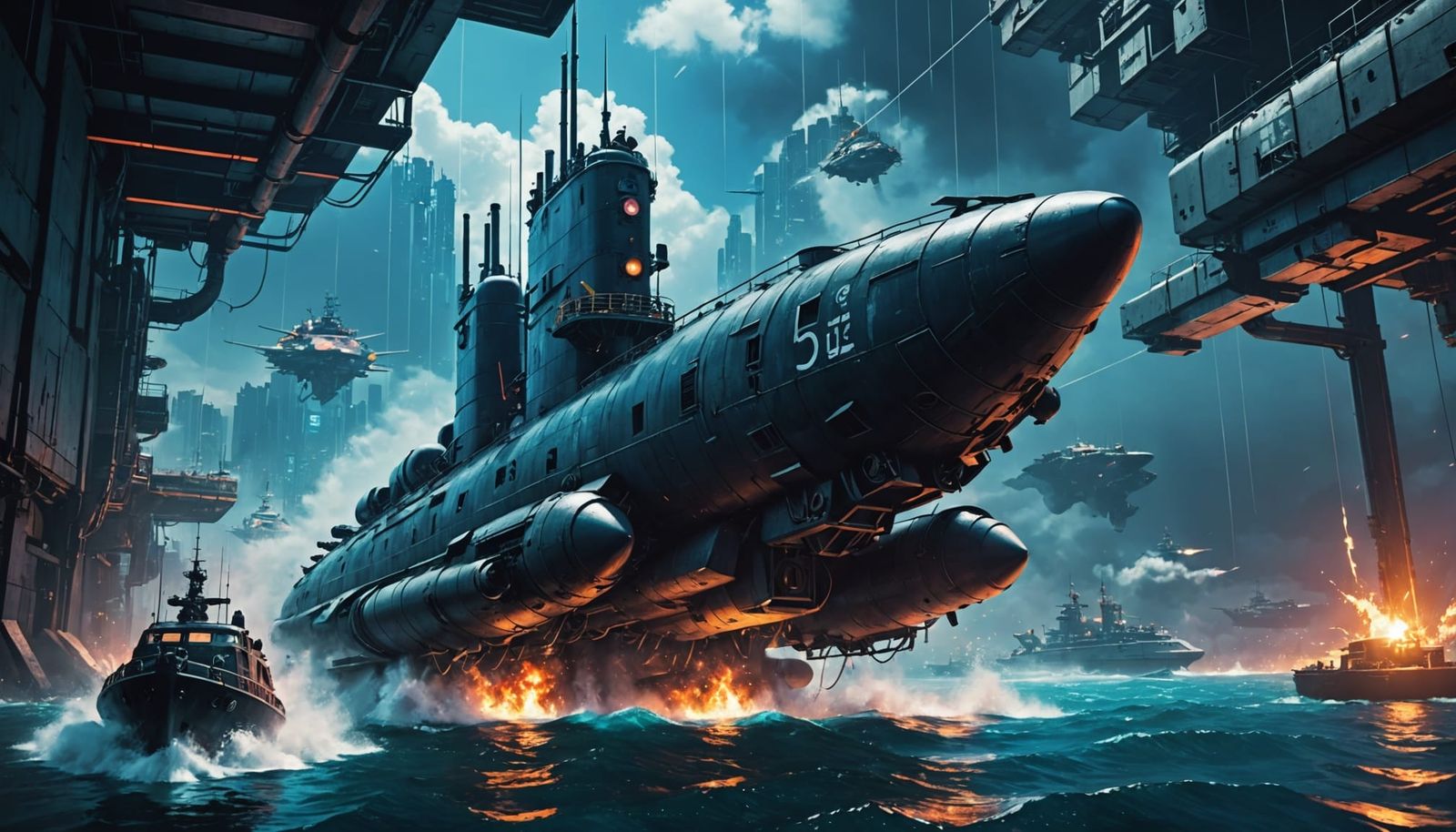 Underwater Cyberpunk Submarine Attack in Anime Style