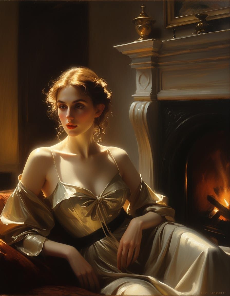 Elf Woman in Smoky Room, Impressionistic Oil Painting