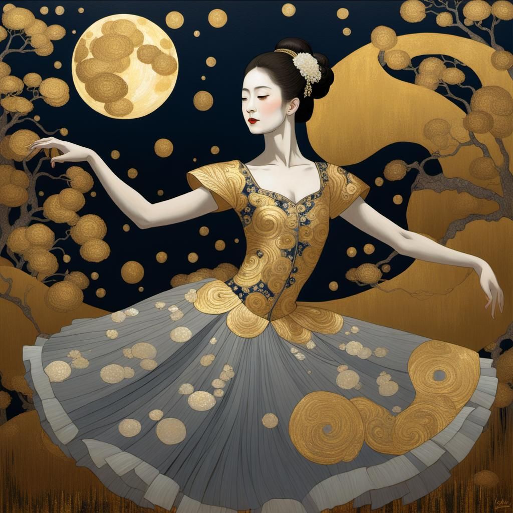 Ballerina Dances in Moonlit Garden: Klimt Ukiyo-e Portrait