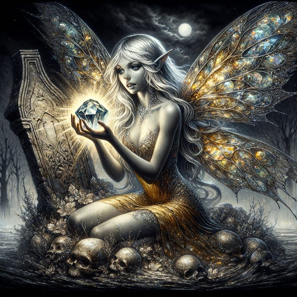 Faerie with Radiant Gemstone on Gravestone