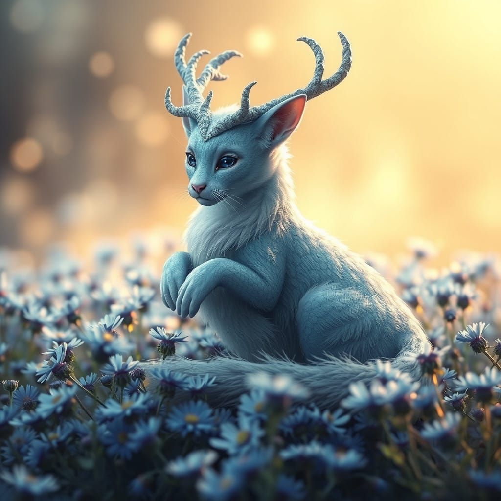 Ethereal Dragon-Cat Amidst Winter Aster Field