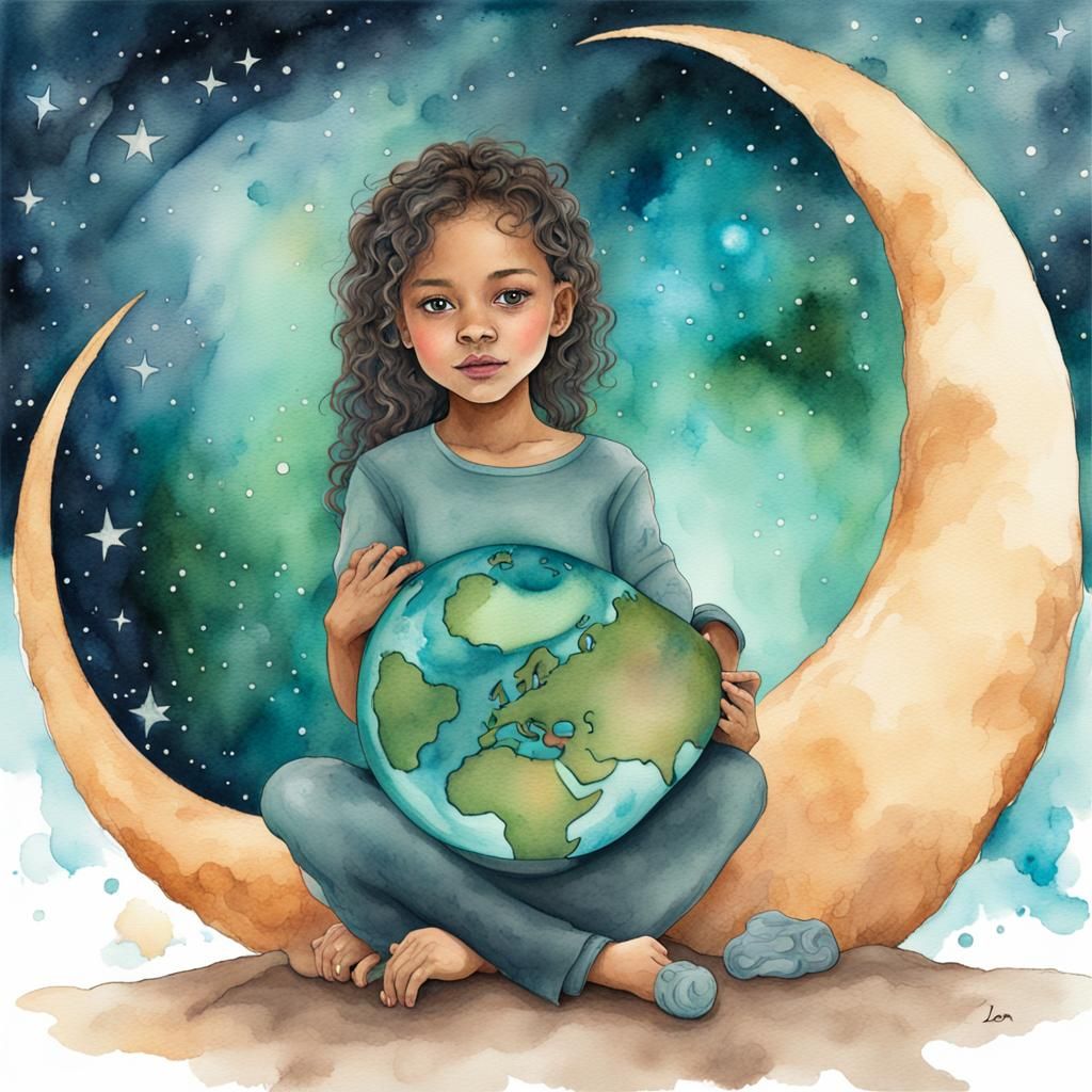 Typhon Encircles Earth Holding Moon, Watercolor Nebula