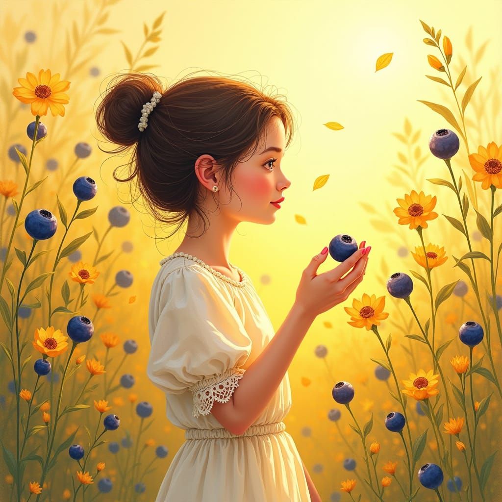 Woman with Golden Blueberry in Whimsical Style
