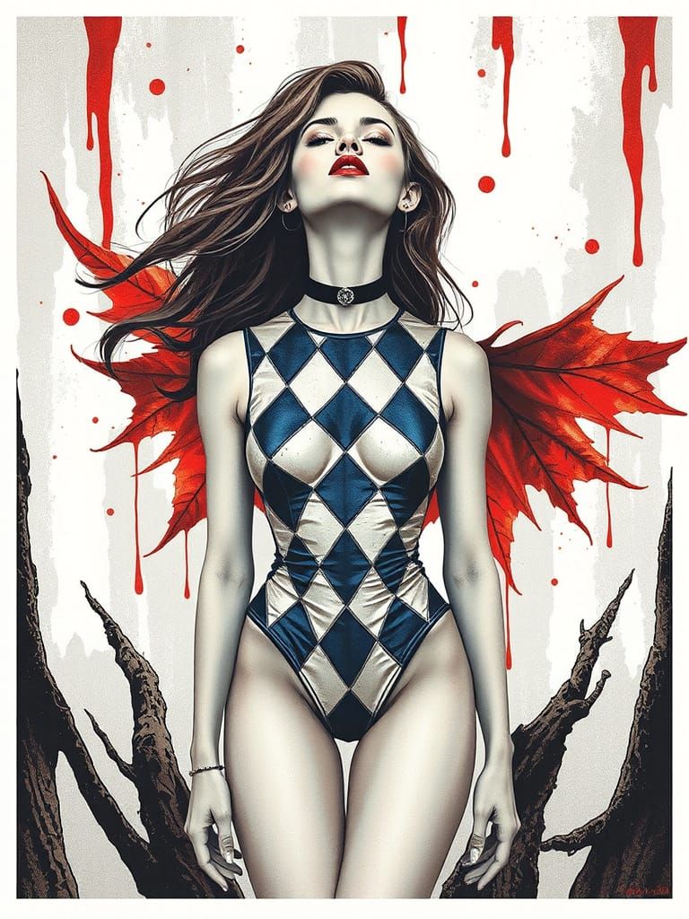 a woman wearing an intricate bodysuit with a harlequin patte...