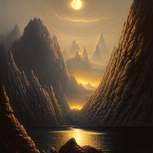 Golden Tree in Lake at Dawn: Fantasy Art