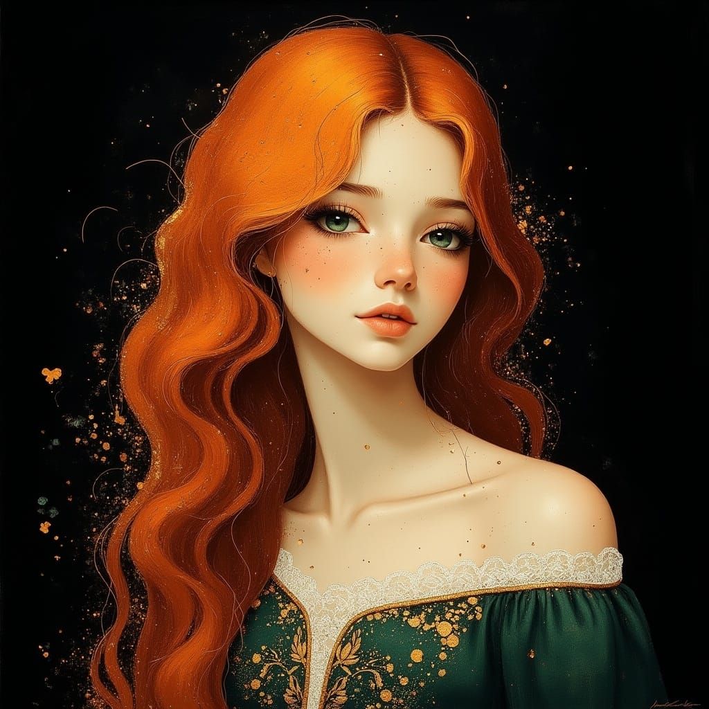 Surreal Goddess in Copper-Red Hair and Forest Green Gown