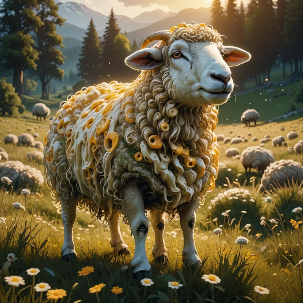 Cheese Sheep in a Dreamlike Meadow: Fantasy Art