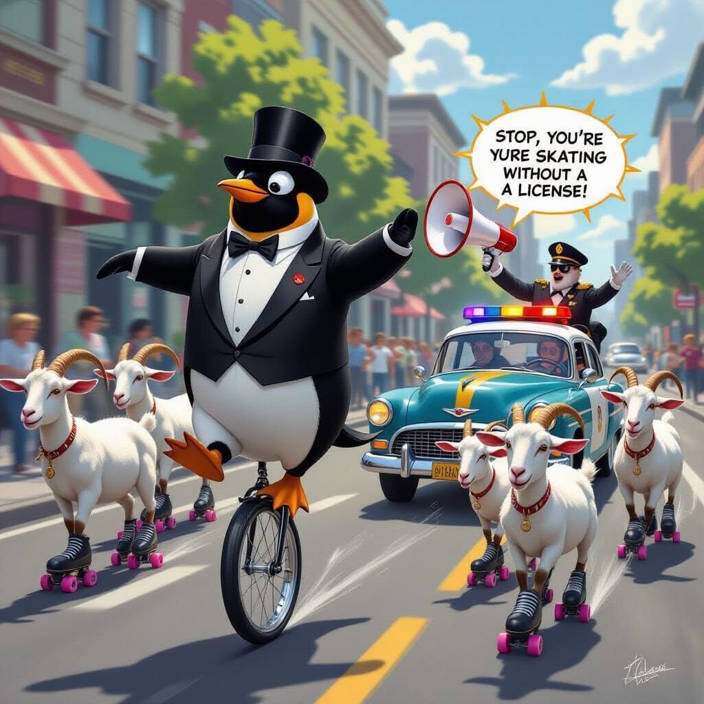 Penguin on Unicycle Chased by Roller Skating Goats