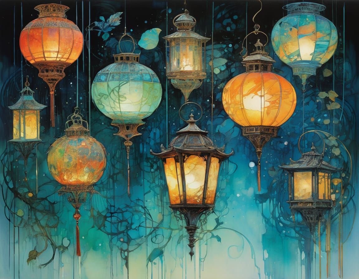 Entangled Lanterns: Detailed and Colorful Illustration