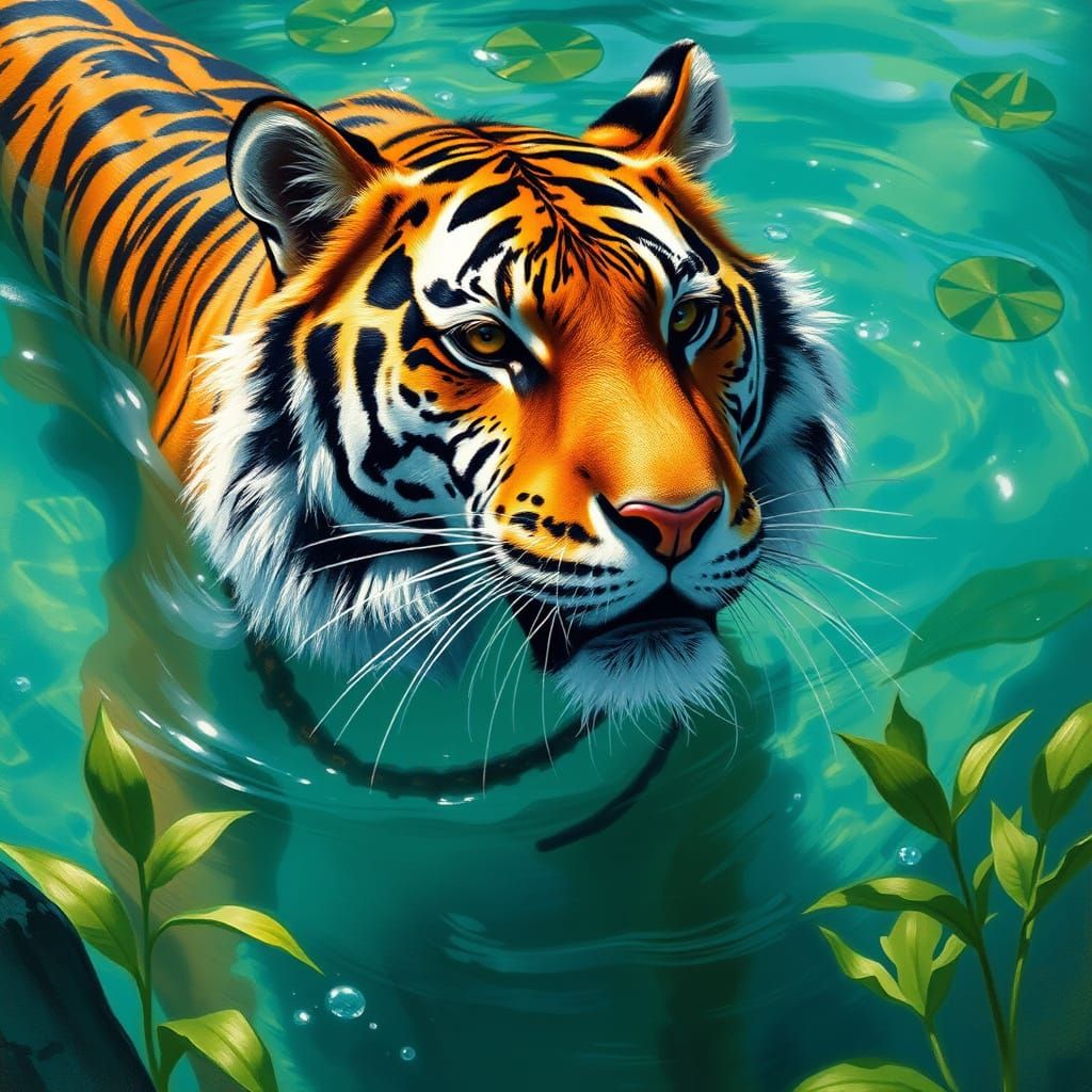 Majestic Tiger in Turquoise Water, Academic Style