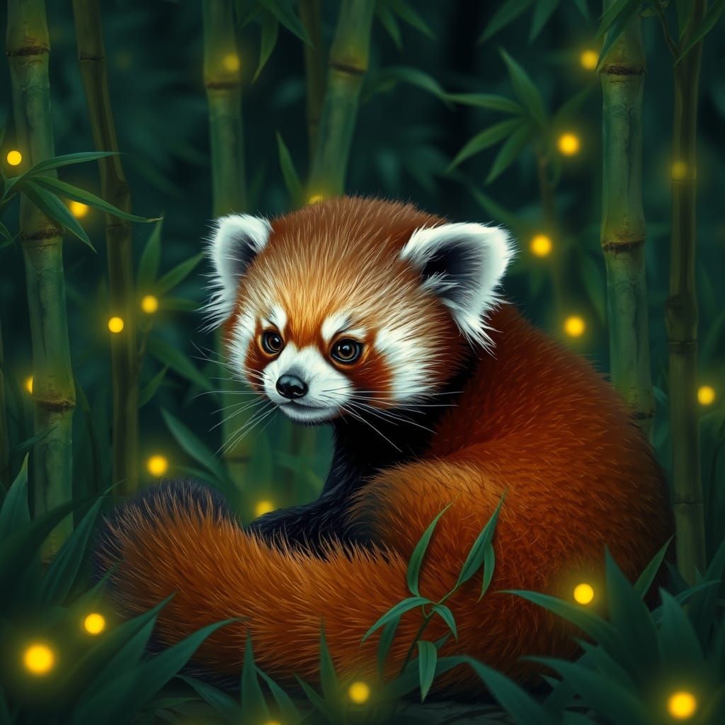 Red Panda in Bioluminescent Bamboo Forest
