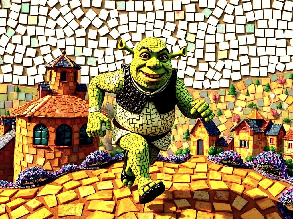 Mosaic Shrek Runs in Vibrant Mosaic Landscape