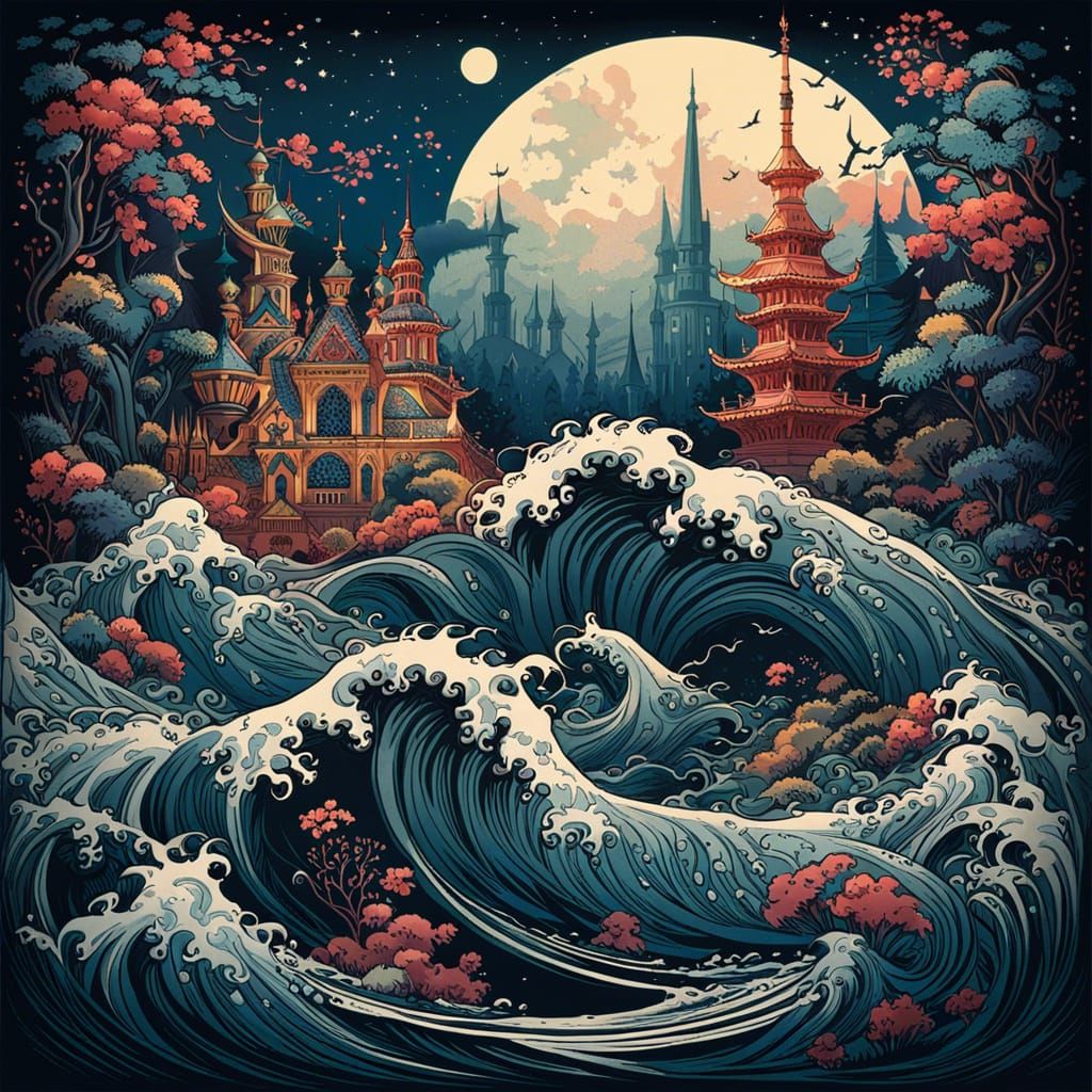 Magic Sea Cherry Blossoms in Fantasy Lithography