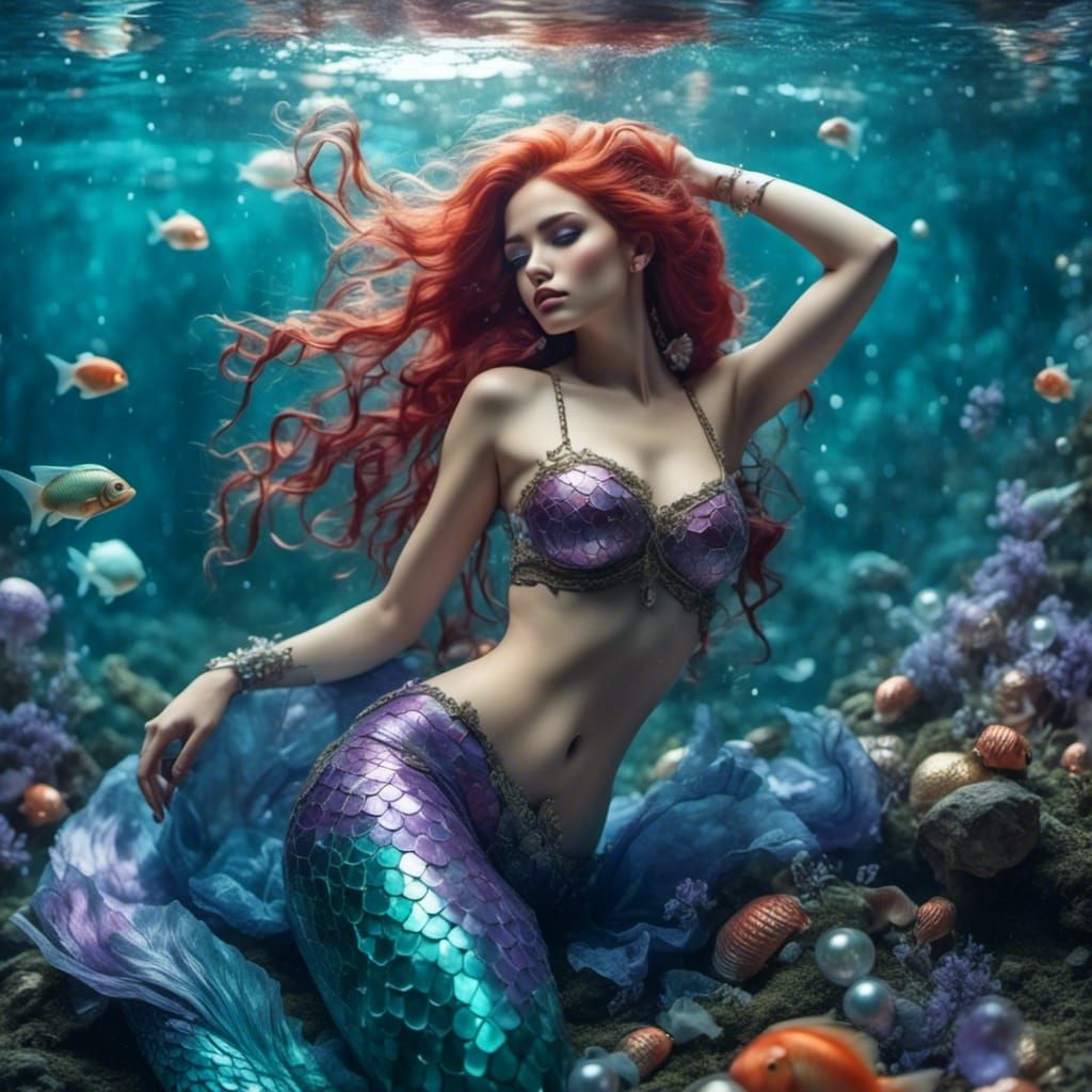 Luminescent Mermaid with Violet Tail and Red Hair