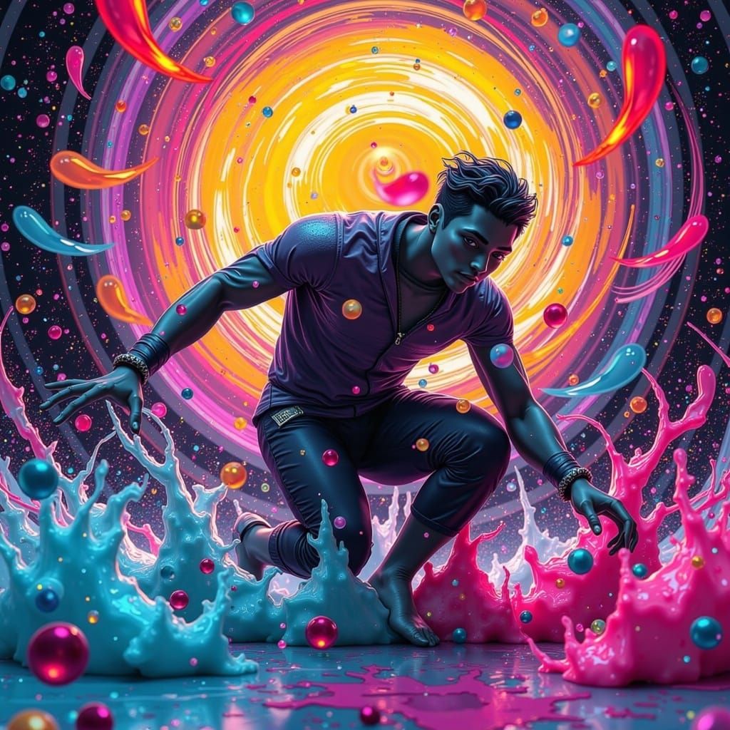 Surreal Hip Hop Dancer Amidst Vibrant Ink Splatters and Frac...