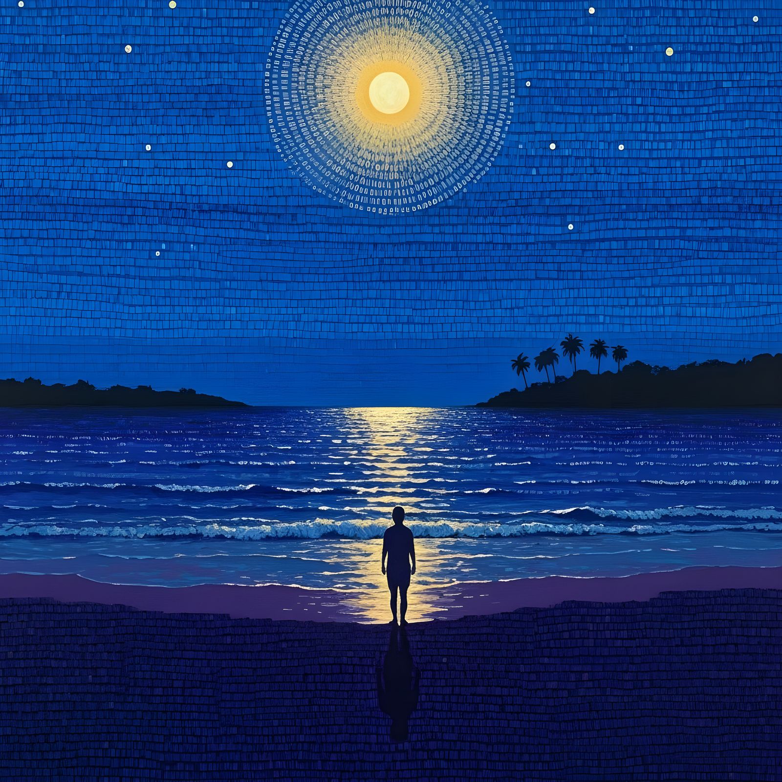 Solitary Figure on Moonlit Beach Painting