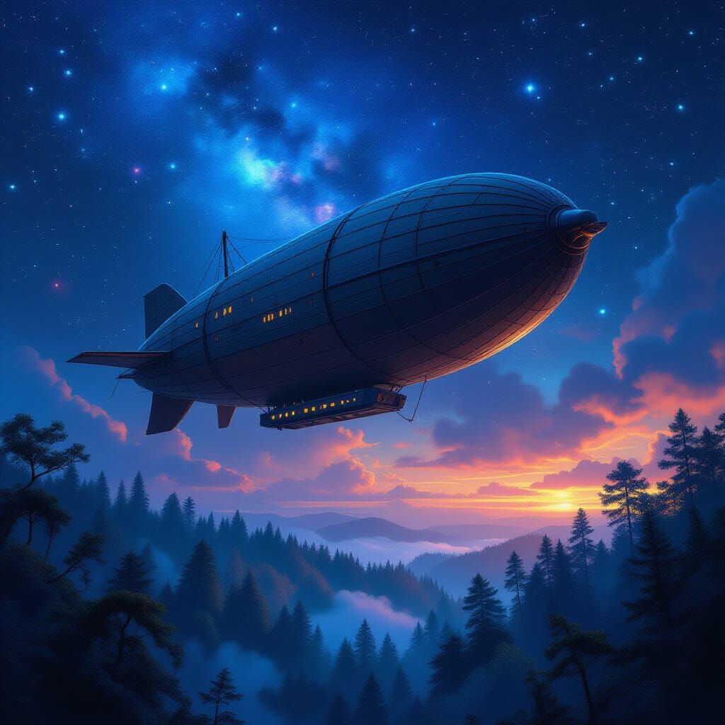 Ancient Airship Navigates Nebula Over Enchanted Forest